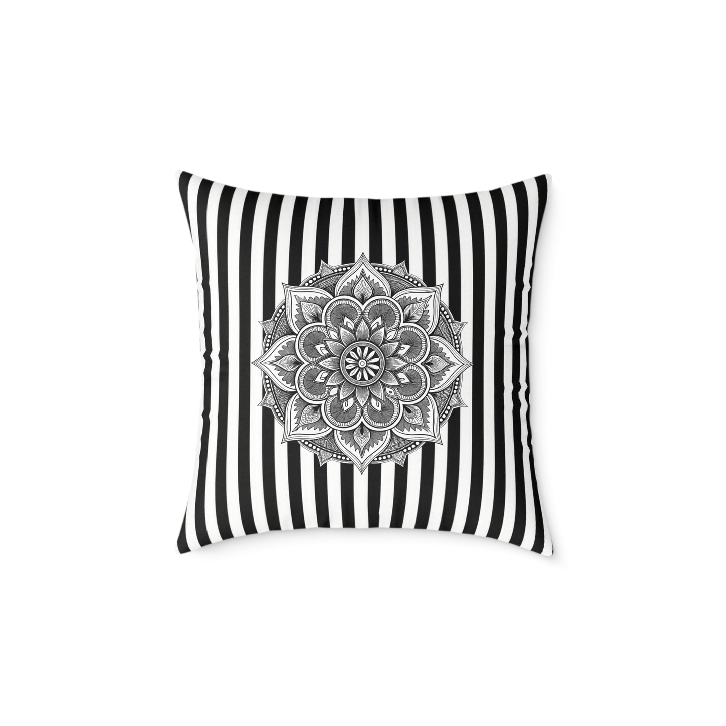Boho Black & White Striped Mandala Pillow - Square Decorative Throw Cushion