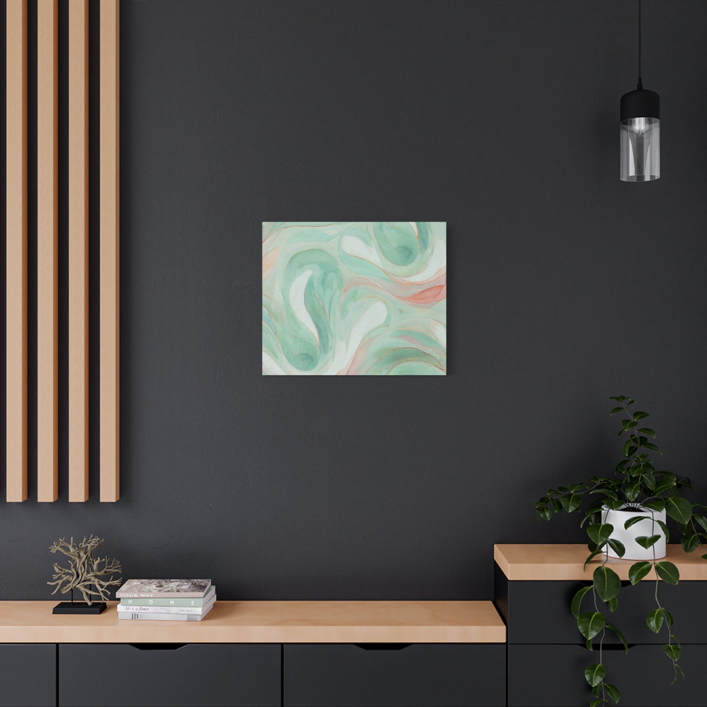 Abstract Green Marble Canvas Print — Teal & Coral Swirl Wall Art