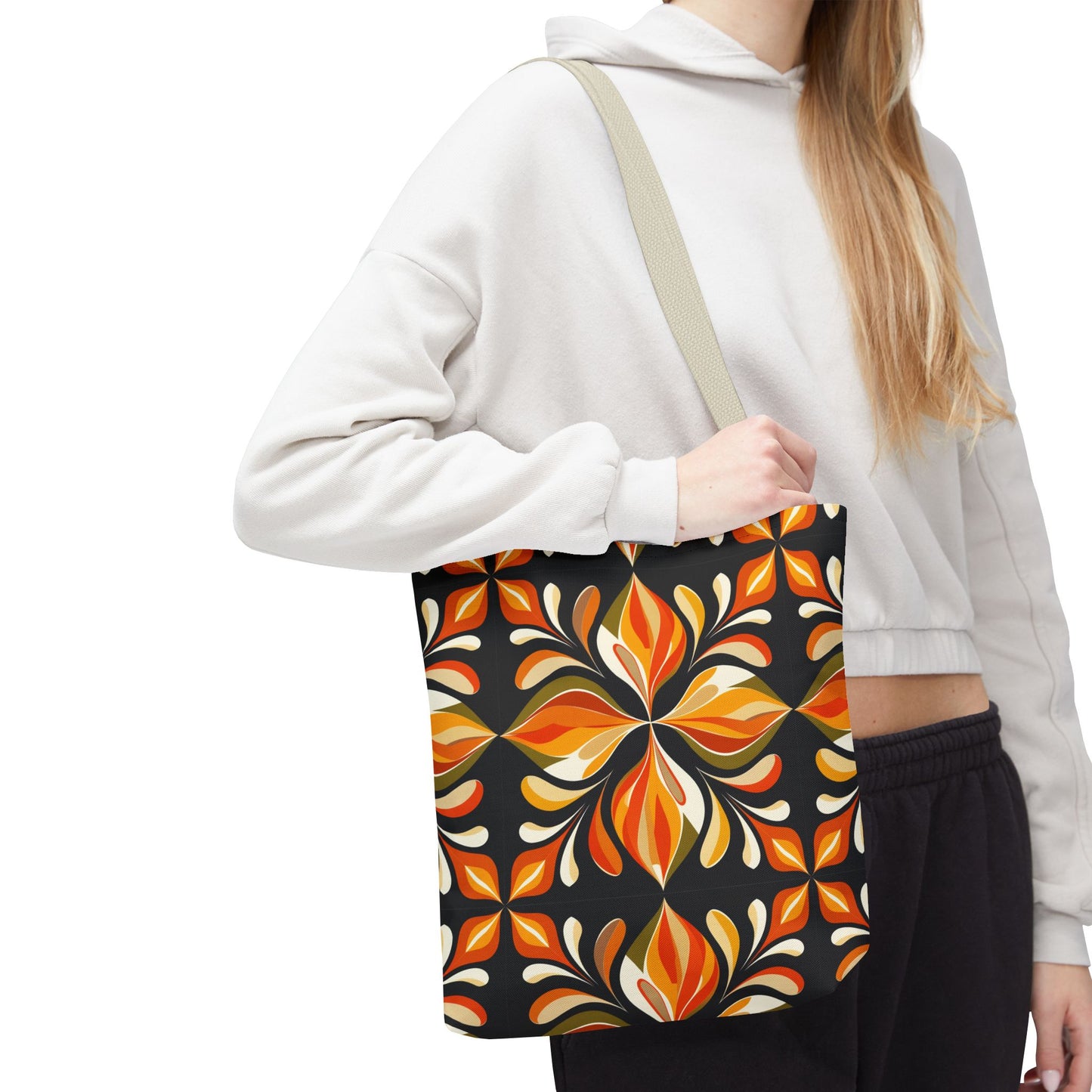 Retro Floral Tote Bag — Orange & Black Boho Pattern