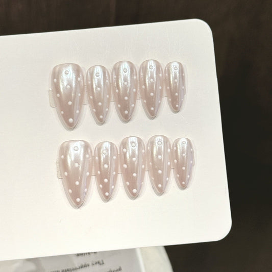 365nails: "Nude Polka Dream" – Translucent Pearl Dot Handmade Almond Nails