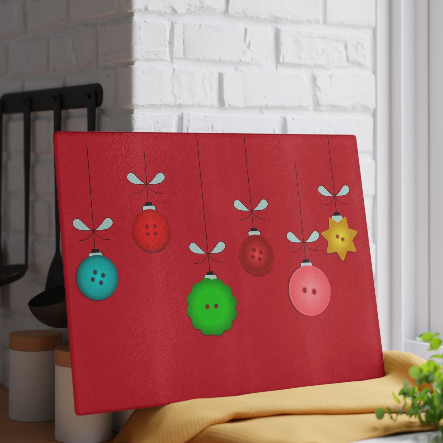 Festive Glass Cutting Board with Holiday Ornament Design, Kitchen Gift, Christmas Decor, Personalized Gift, Cooking Essentials