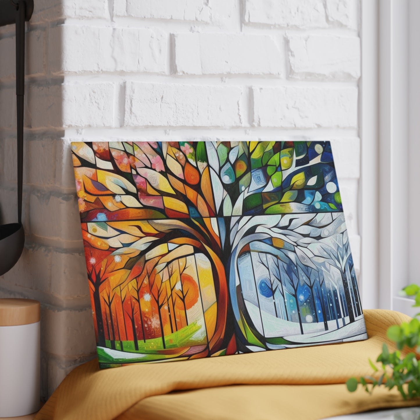 Four Seasons Tree Glass Cutting Board — Colorful Seasonal Kitchen Decor
