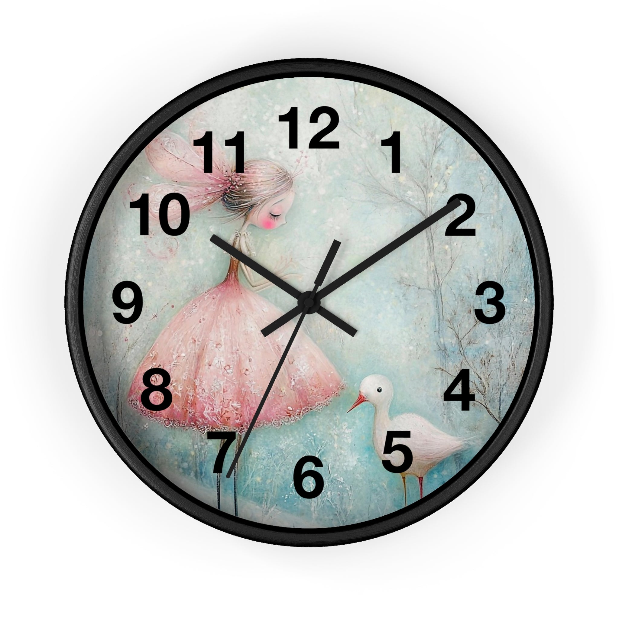Whimsical Girl & Swan Wall Clock — Pastel Nursery Decor