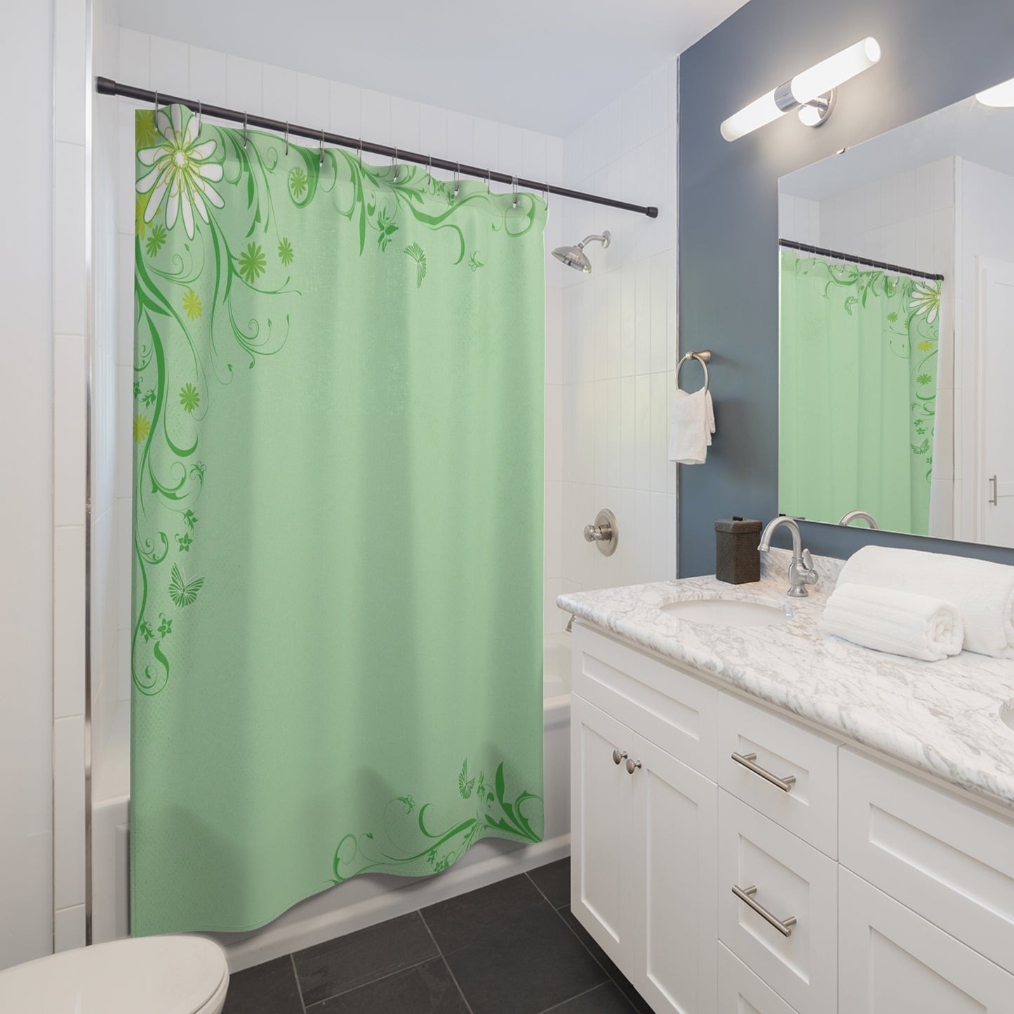 Green Floral Shower Curtain — Daisy Vine Bathroom Decor