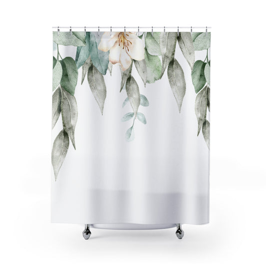 Botanical Watercolor Shower Curtain — Green Eucalyptus & White Floral Bathroom Decor