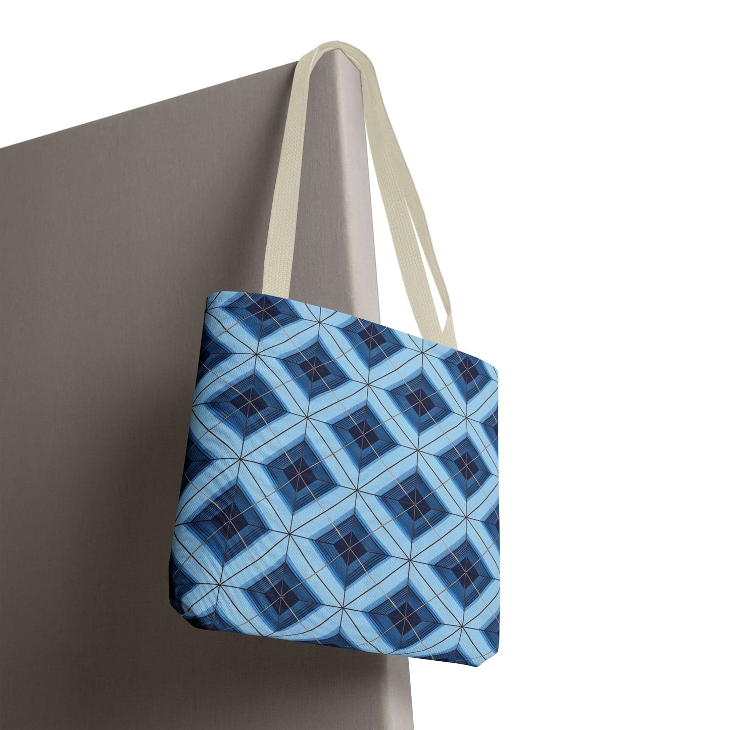 Blue Geometric Tote Bag — Repeating Diamond Pattern AOP
