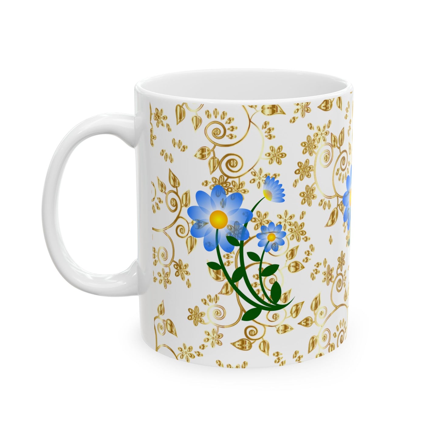 Elegant Floral Ceramic Mug Gold and blue