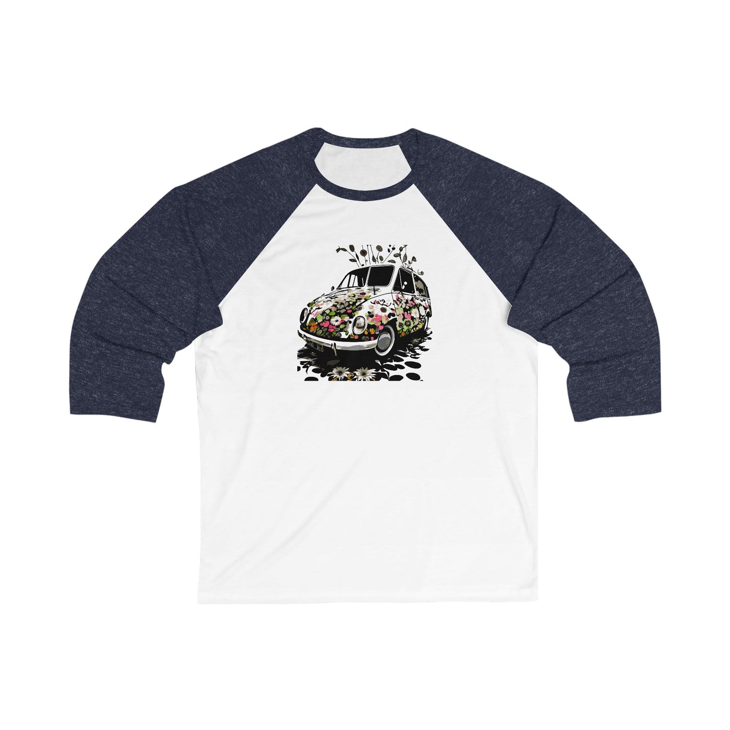Floral Vintage Car Baseball Tee - Unisex 3/4 Sleeve Shirt, Gift for Car Lovers, Spring Fashion, Retro Style, Cute Casual Wear
