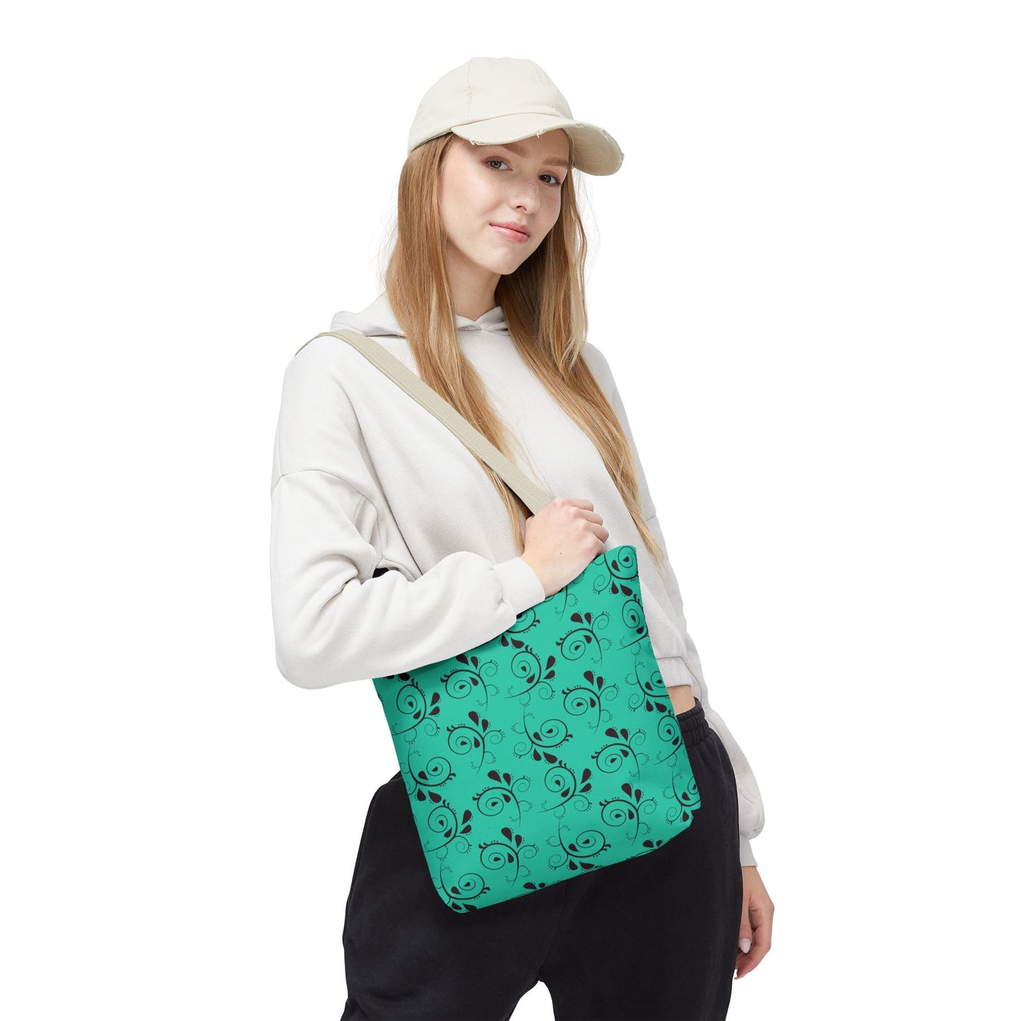 Turquoise Floral Swirl Tote Bag – All-Over Print Stylish Shopping Bag