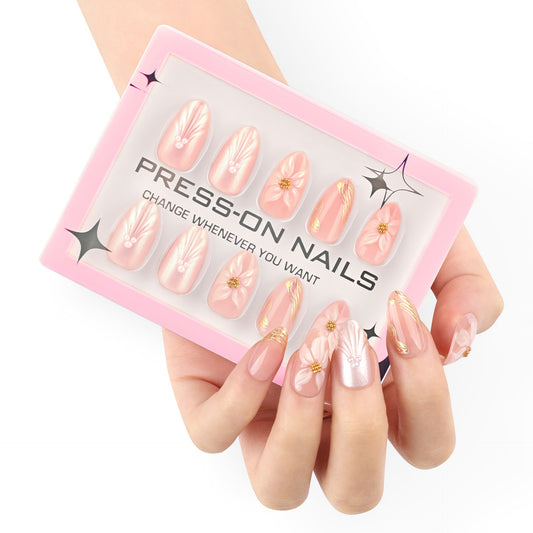 3D three-dimensional flower pearlescent flash short almond press-on nails – Image 2