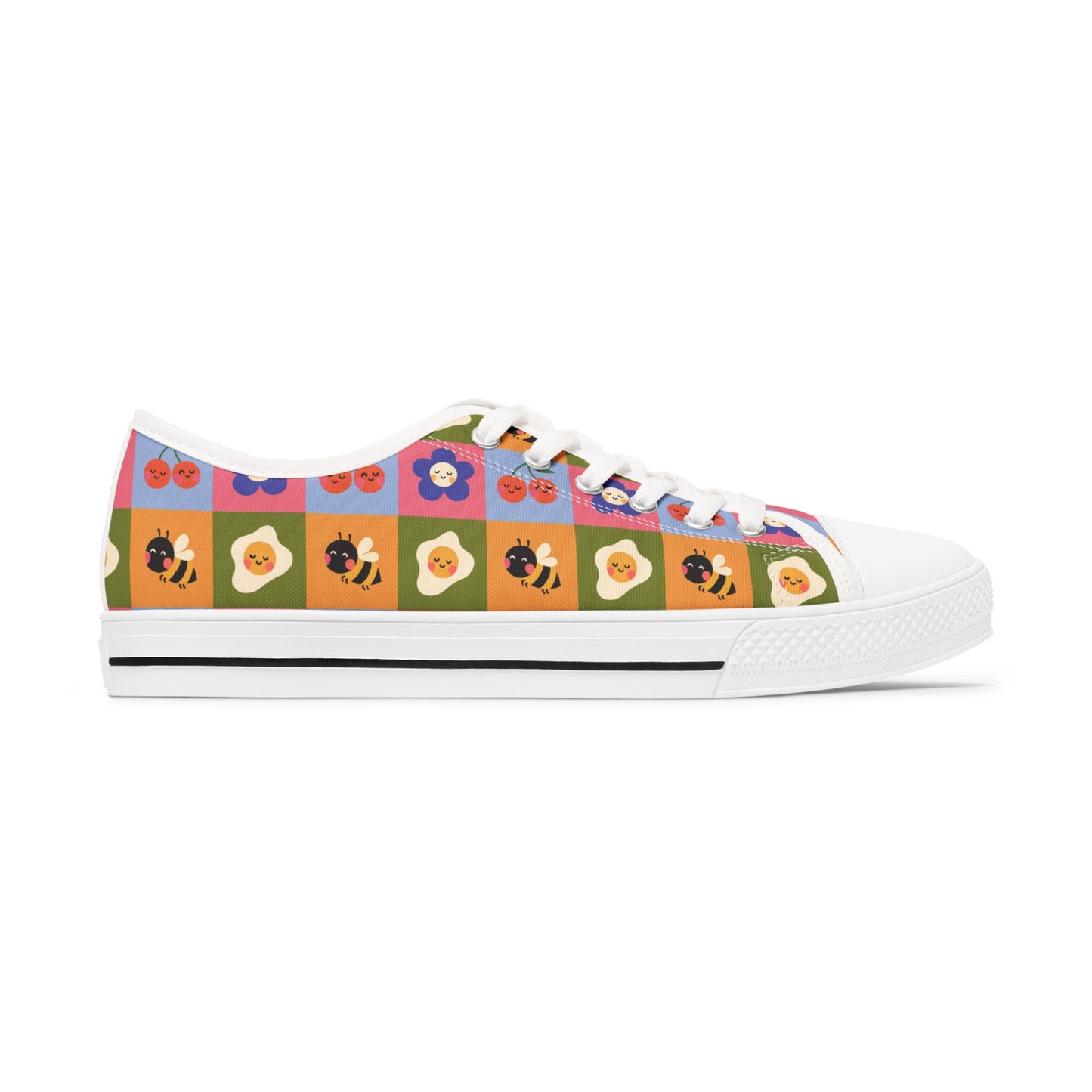 Women's Low Top Sneakers — Retro Floral & Bee Checkerboard Printed Casual Shoes