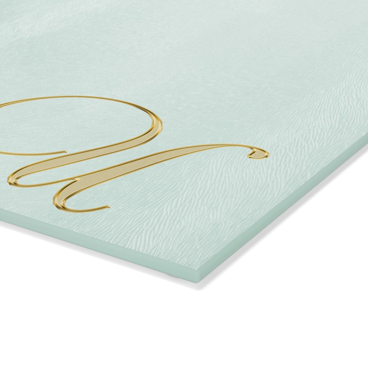 Monogram Glass Cutting Board – Mint Aqua with Gold Script Letter U
