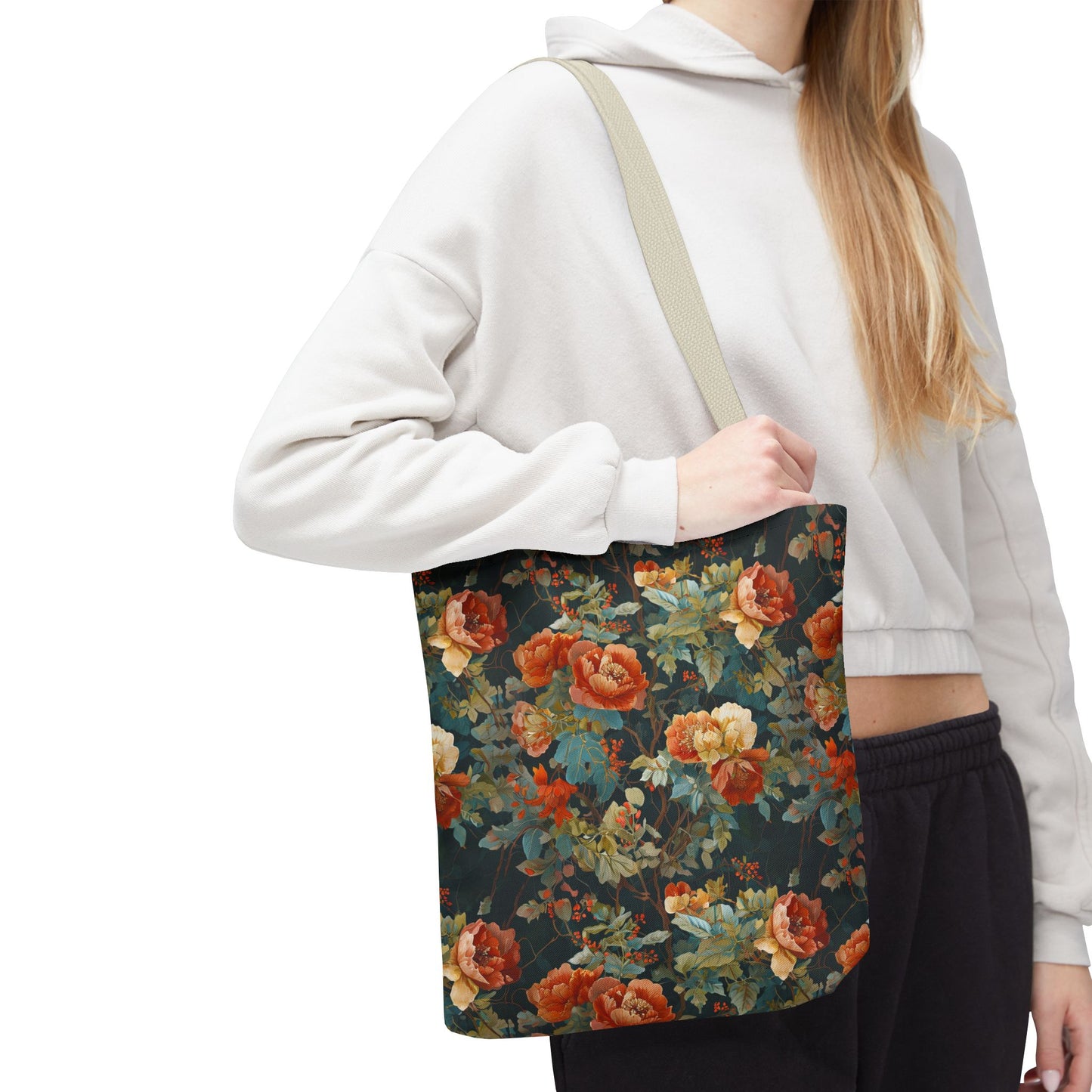 Vintage Rose Floral Tote Bag – Dark Botanical All-Over Print