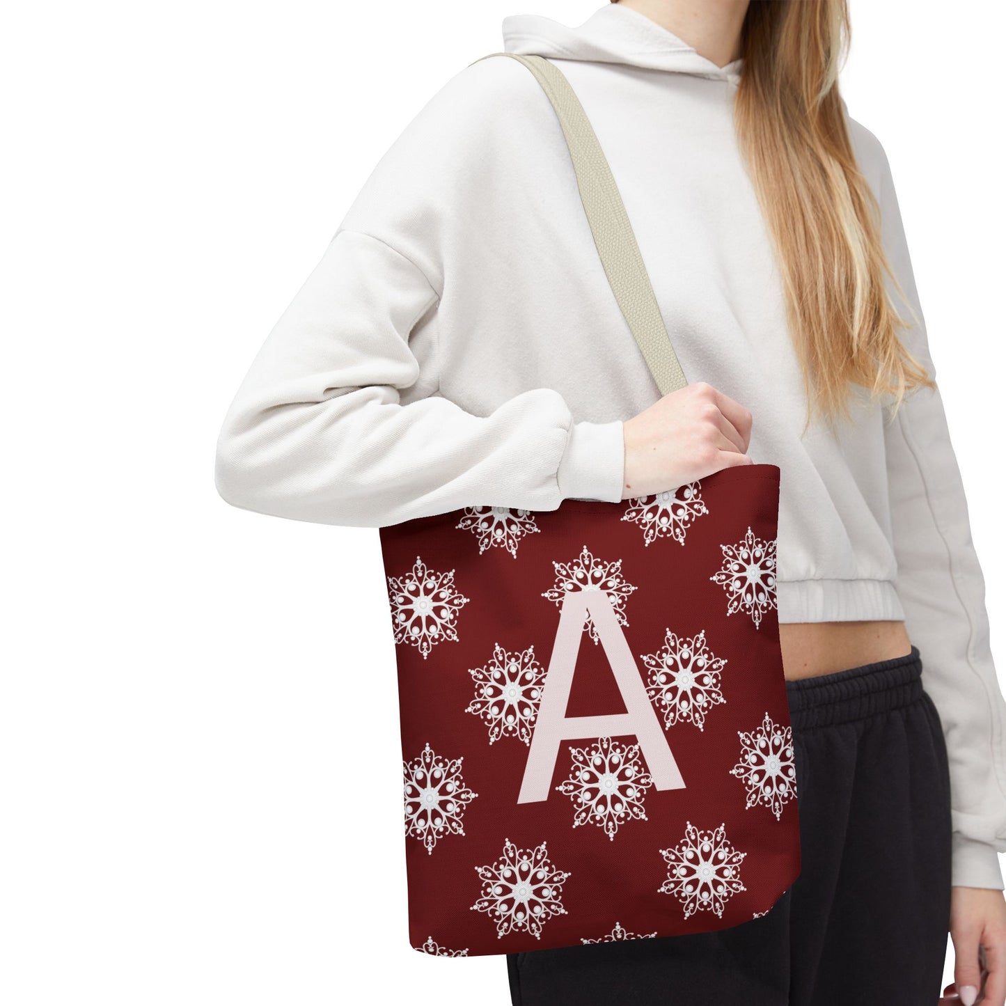 Monogram A Snowflake Tote Bag — Personalized Holiday AOP Tote