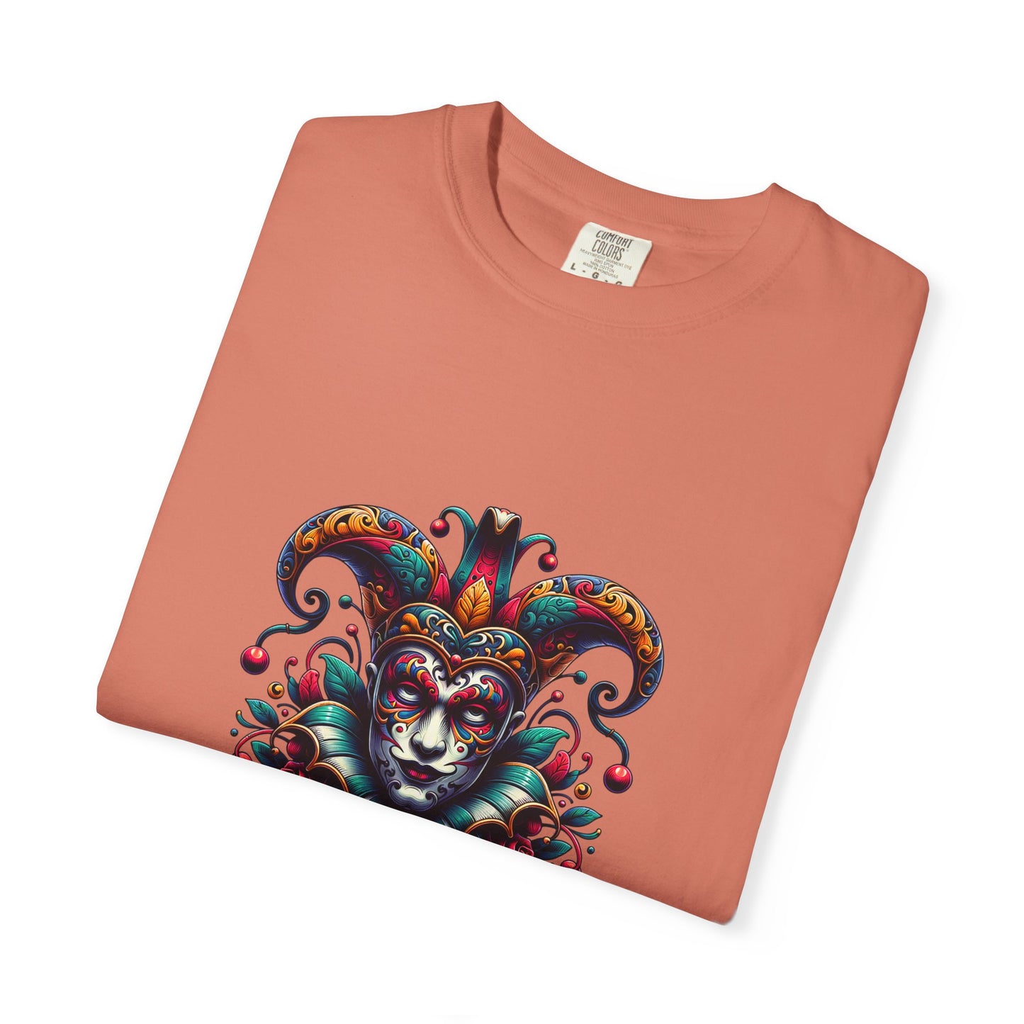 Vibrant Unisex Garment-Dyed T-shirt Featuring Colorful Jester Design, Festival Fashion
