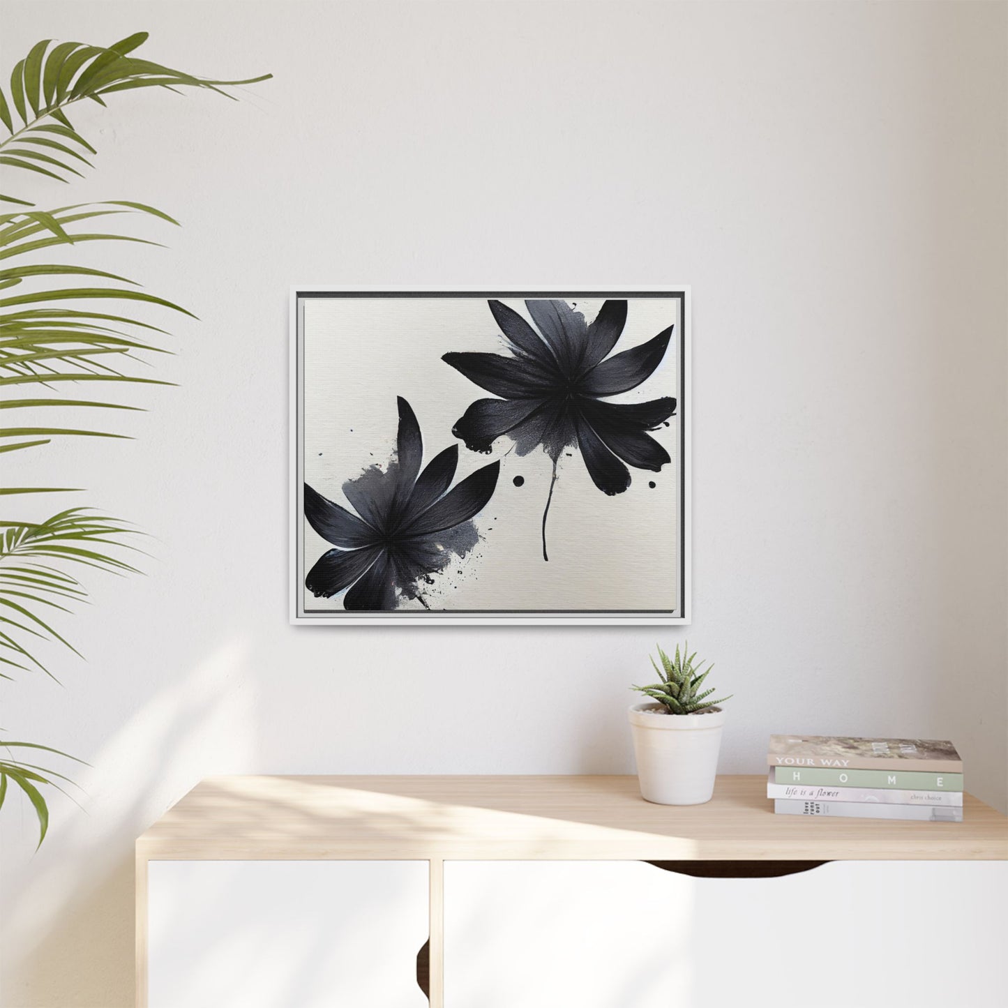 Framed Black Floral Matte Canvas Wall Art — Monochrome Botanical Print