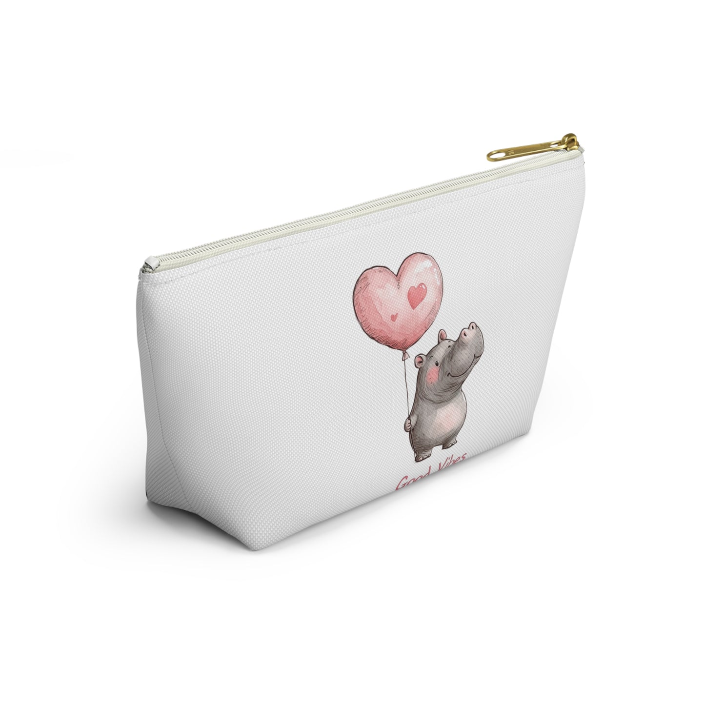 Good Vibes Hippo Accessory Pouch, Cute Makeup Bag, Gift for Animal Lovers, Fun Travel Organizer, Heart Balloon Design