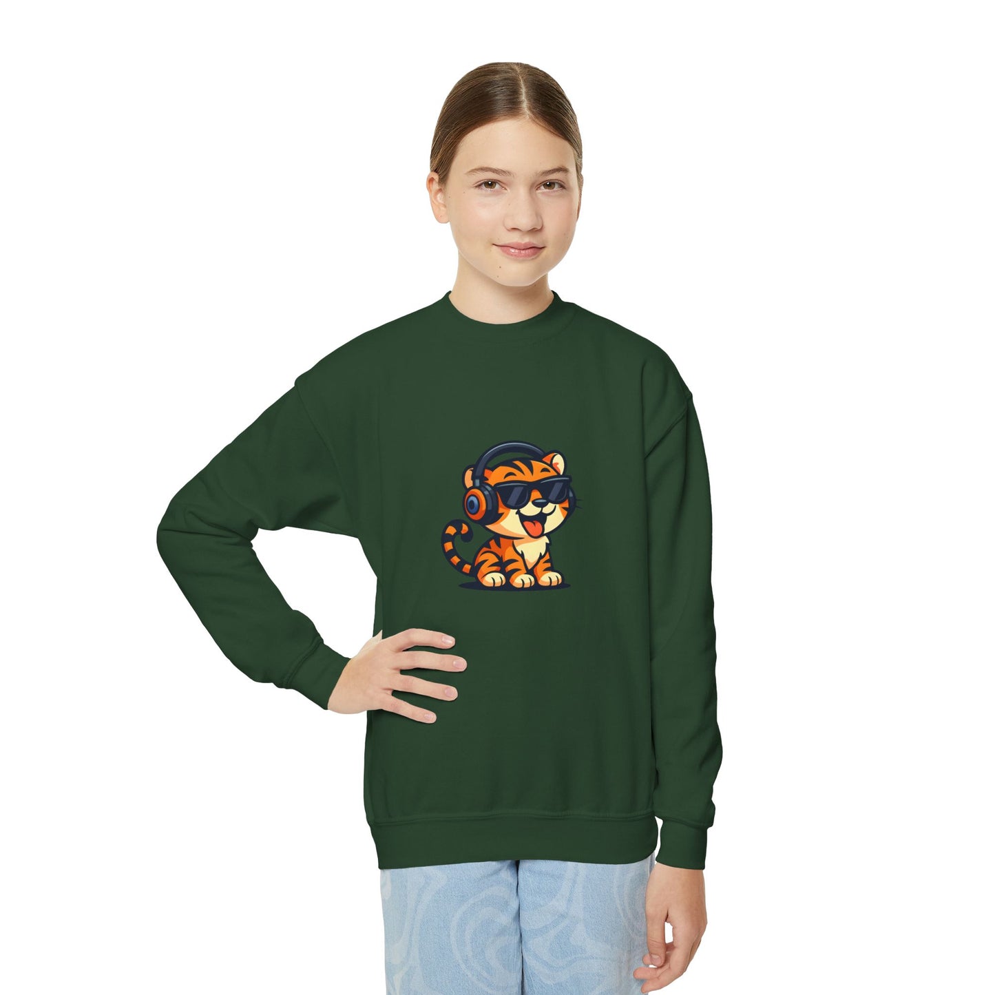 Cool Tiger Youth Crewneck Sweatshirt, Cute Animal Apparel, Teen Style, Gift for Kids, Casual Wear