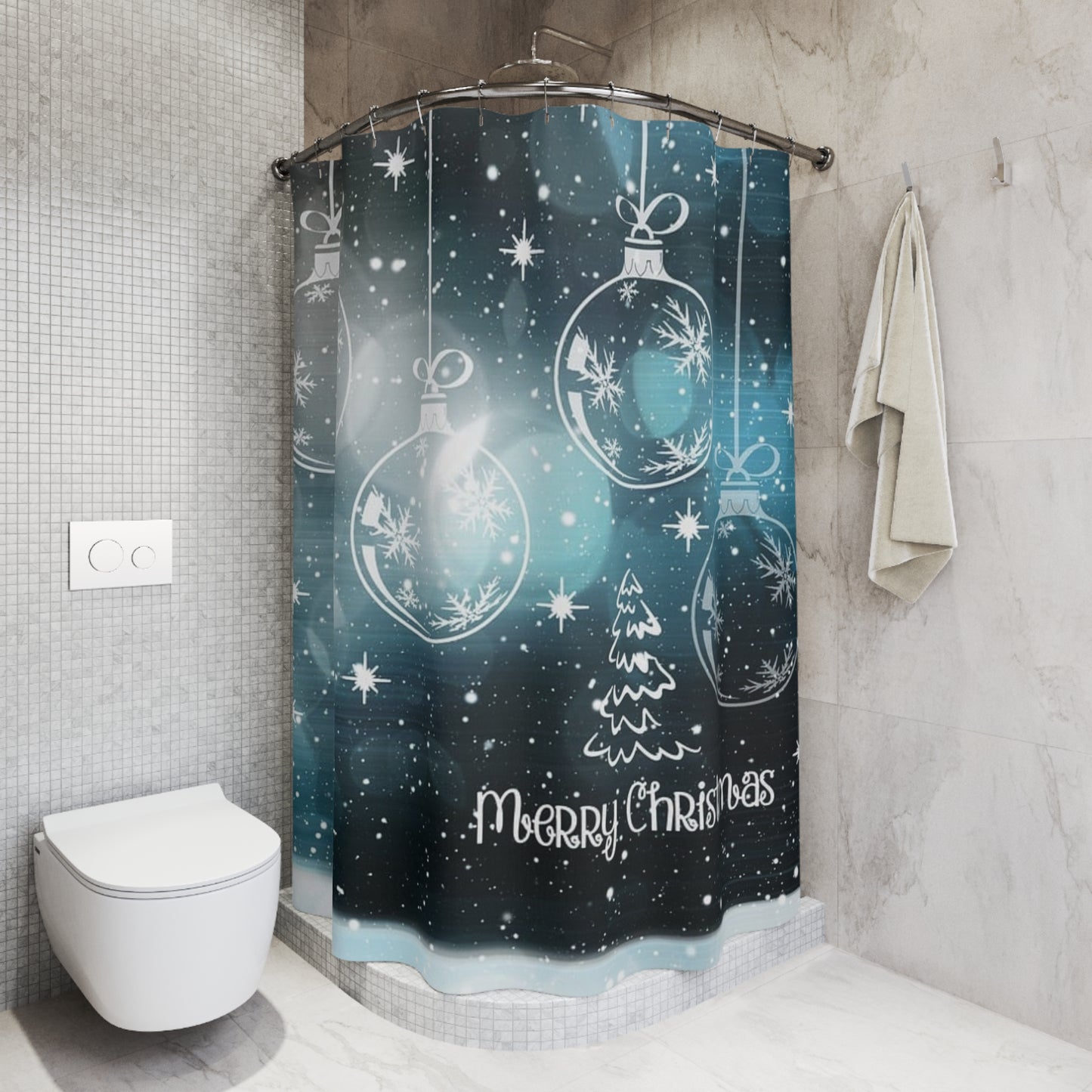 Christmas Shower Curtain with Snowflakes and Ornaments | Holiday Bathroom Decor, Merry Christmas Gift, Festive Home Accessory