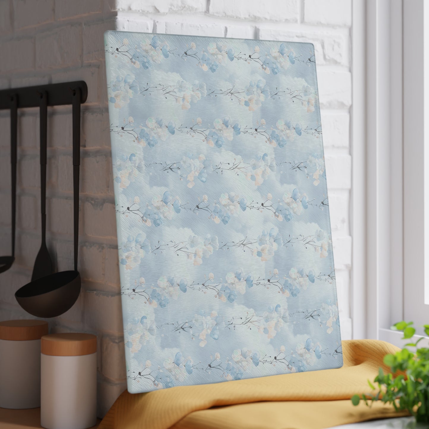 Glass Cutting Board — Soft Blue Watercolor Floral Pattern