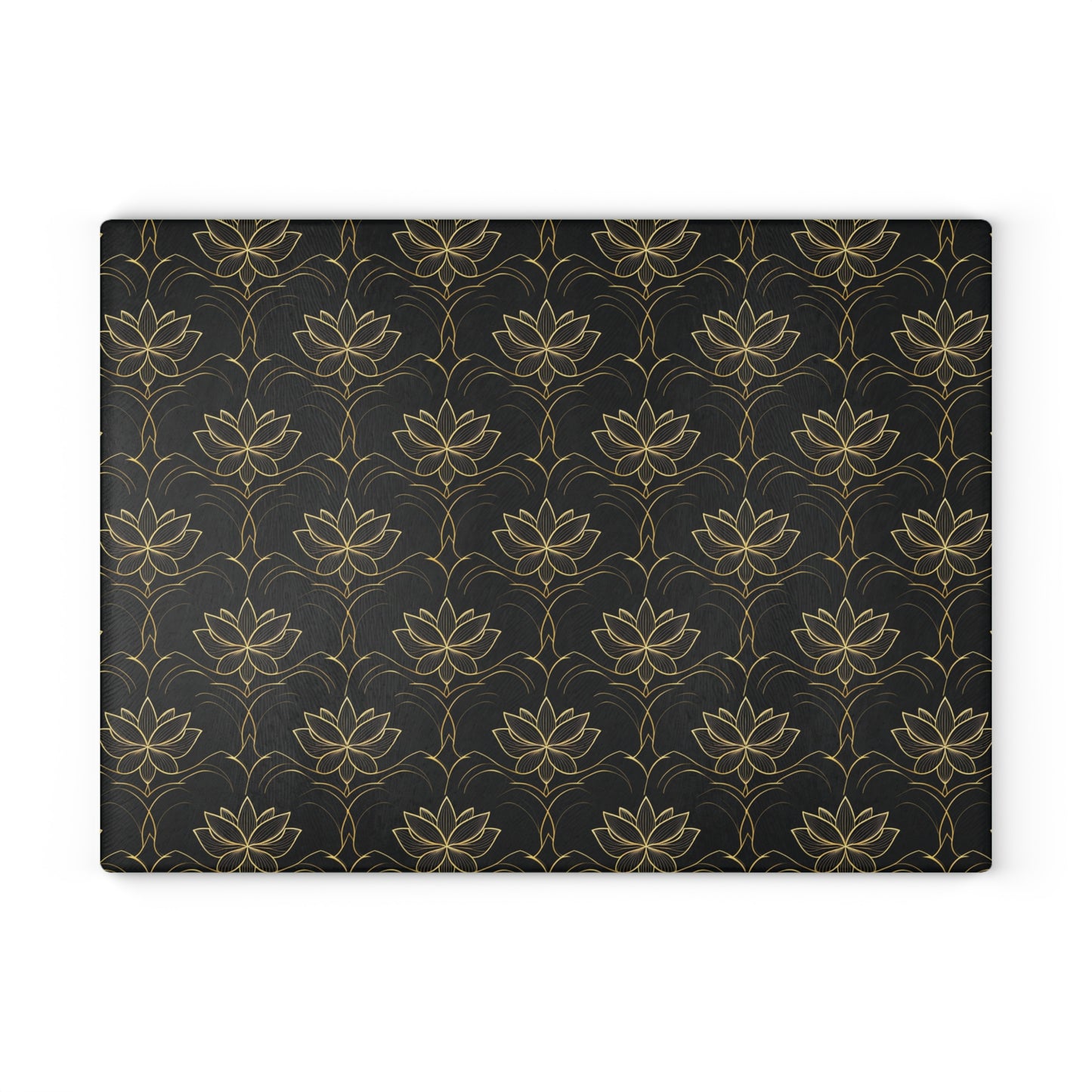 Lotus Pattern Glass Cutting Board — Elegant Black & Gold Kitchen Board