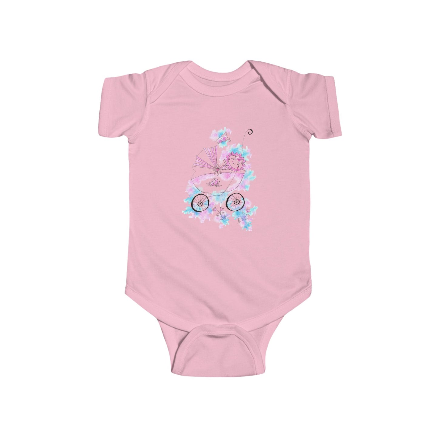 Whimsical Baby Bodysuit with Floral Pram Design, Newborn Gift, Infant Clothing