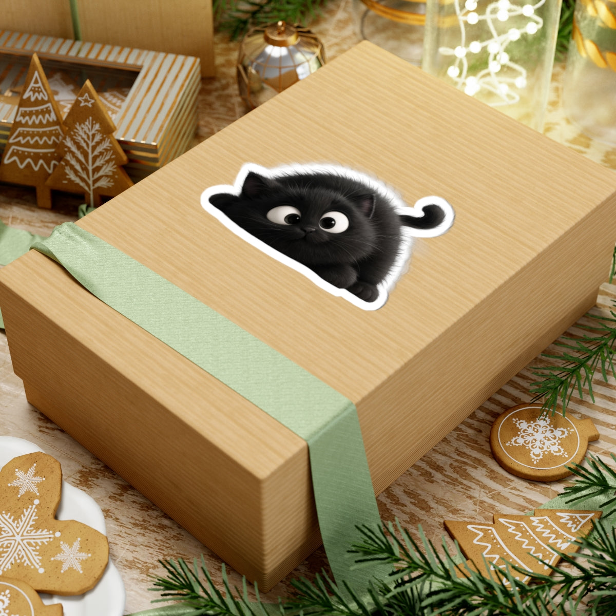 Cute Fluffy Black Kitten Kiss-Cut Sticker — Playful Cat Laptop Decal