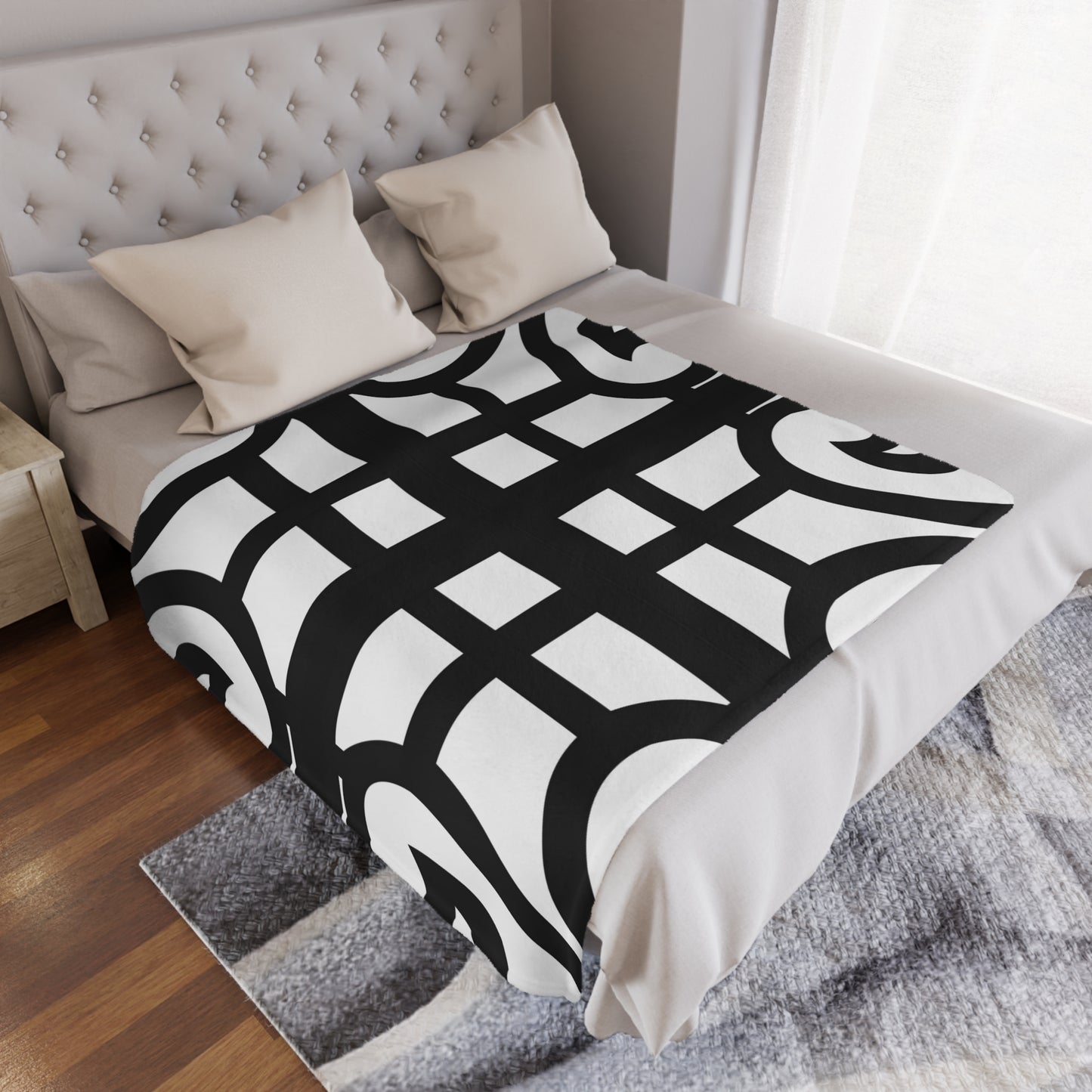Geometric Scrolled Minky Blanket — Black & White Decorative Throw