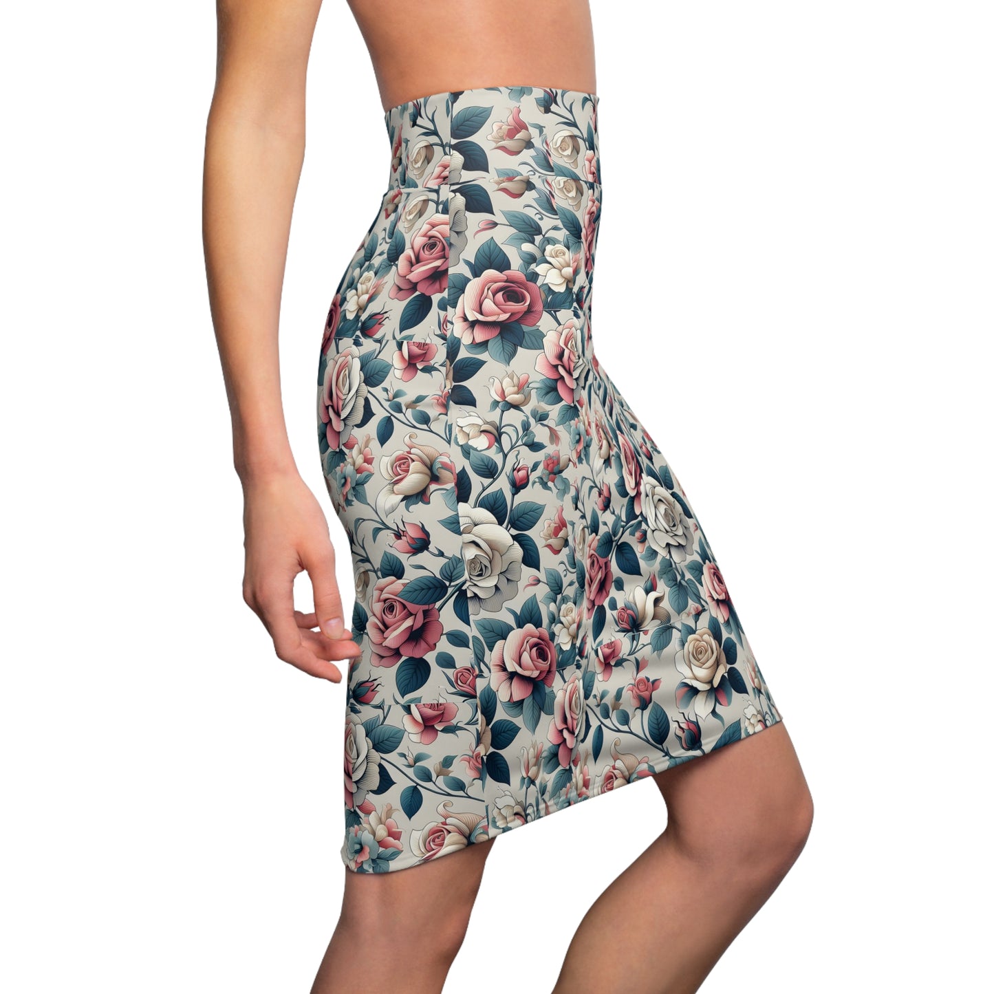 Floral Vintage Rose Pencil Skirt — Pastel All-Over Print