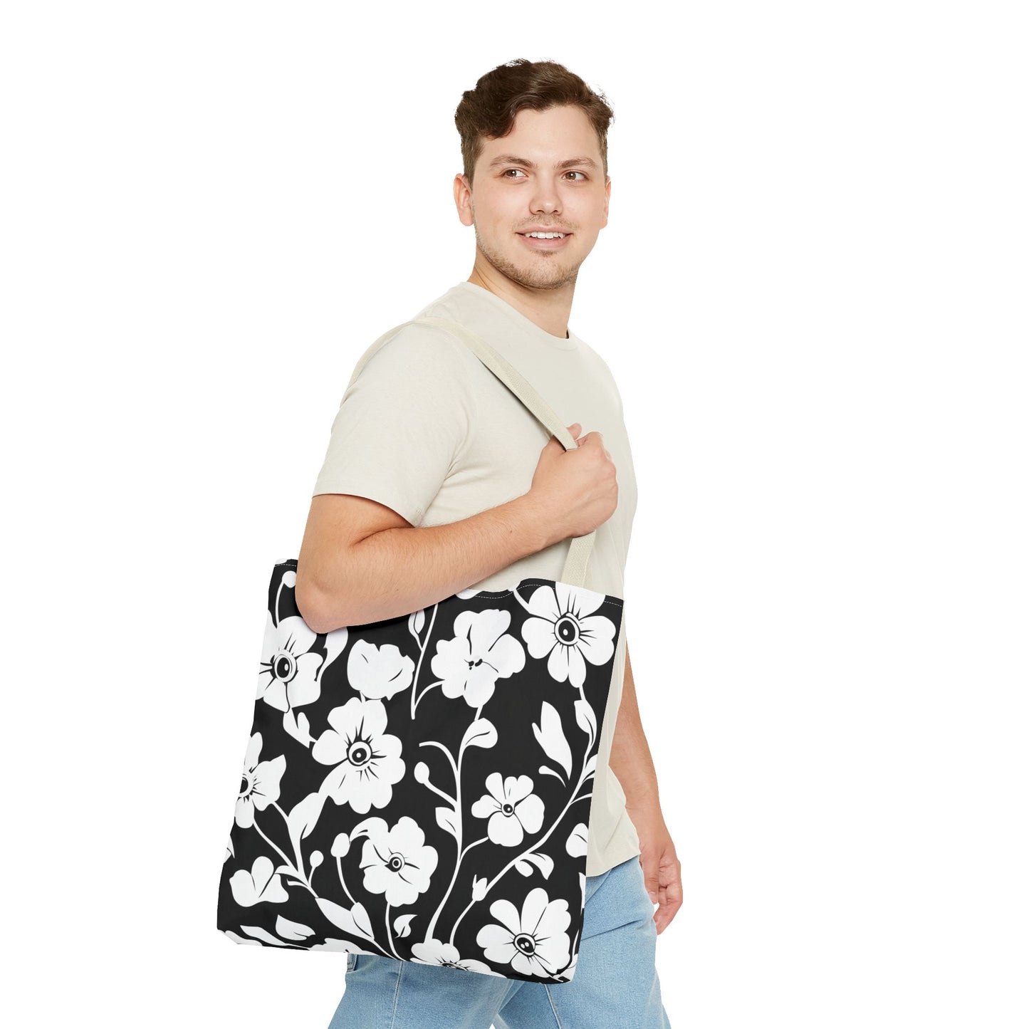 Elegant Floral Tote Bag, Black and White Tote, Eco-Friendly Shopping Bag