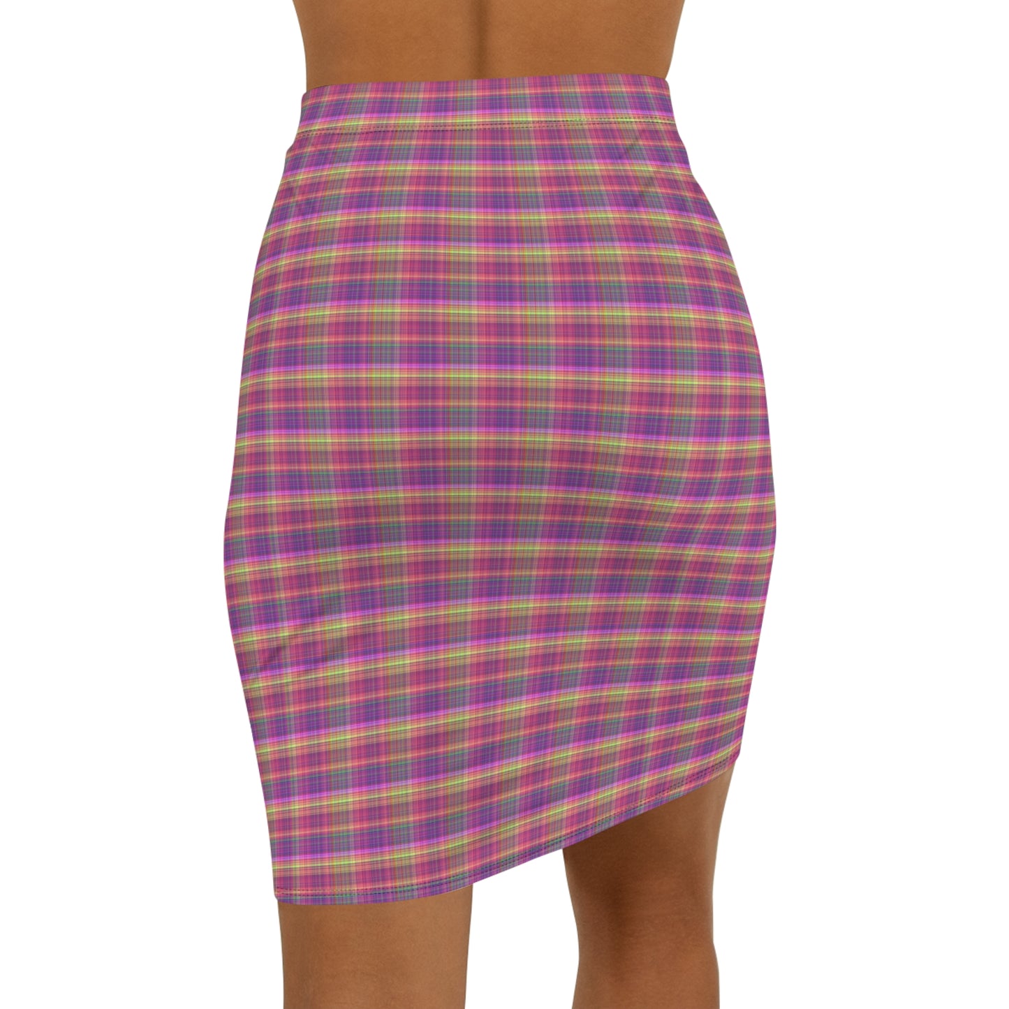 Pink Plaid Mid-Waist Pencil Skirt — Classic Tartan Print