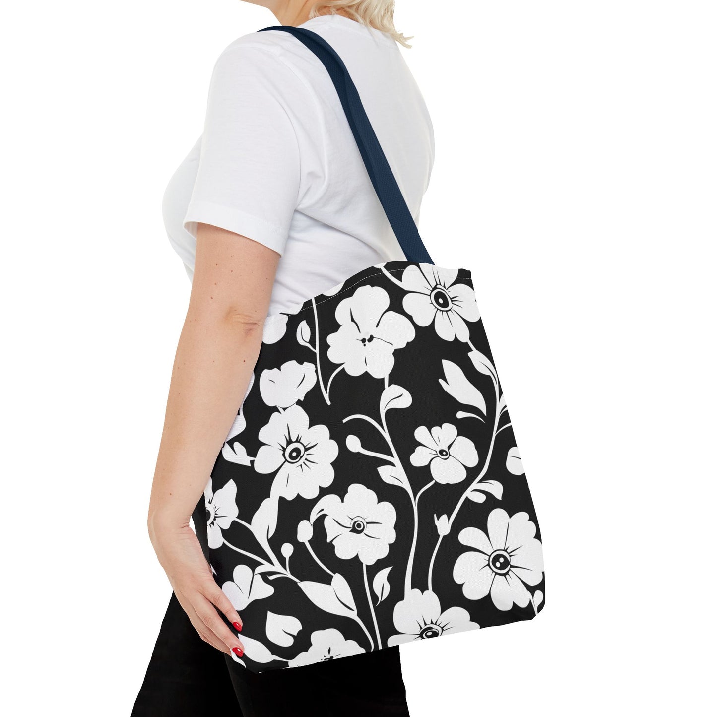 Elegant Floral Tote Bag, Black and White Tote, Eco-Friendly Shopping Bag