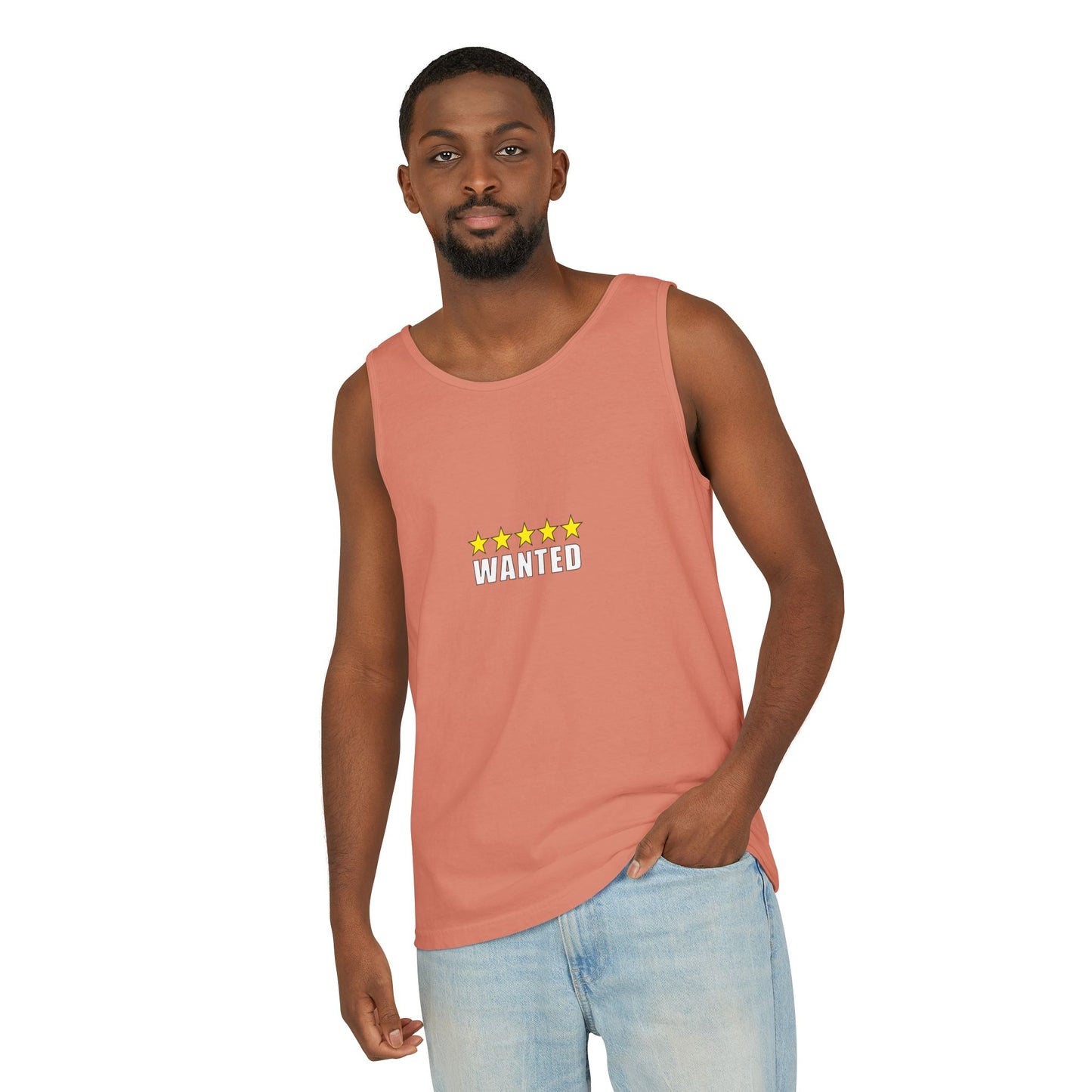 5-Star "WANTED" Garment-Dyed Tank Top, Unisex Summer Shirt, Gift for Him/Her, Trendy Casual Wear, Pool Party Outfit, Unique Graphic Tee