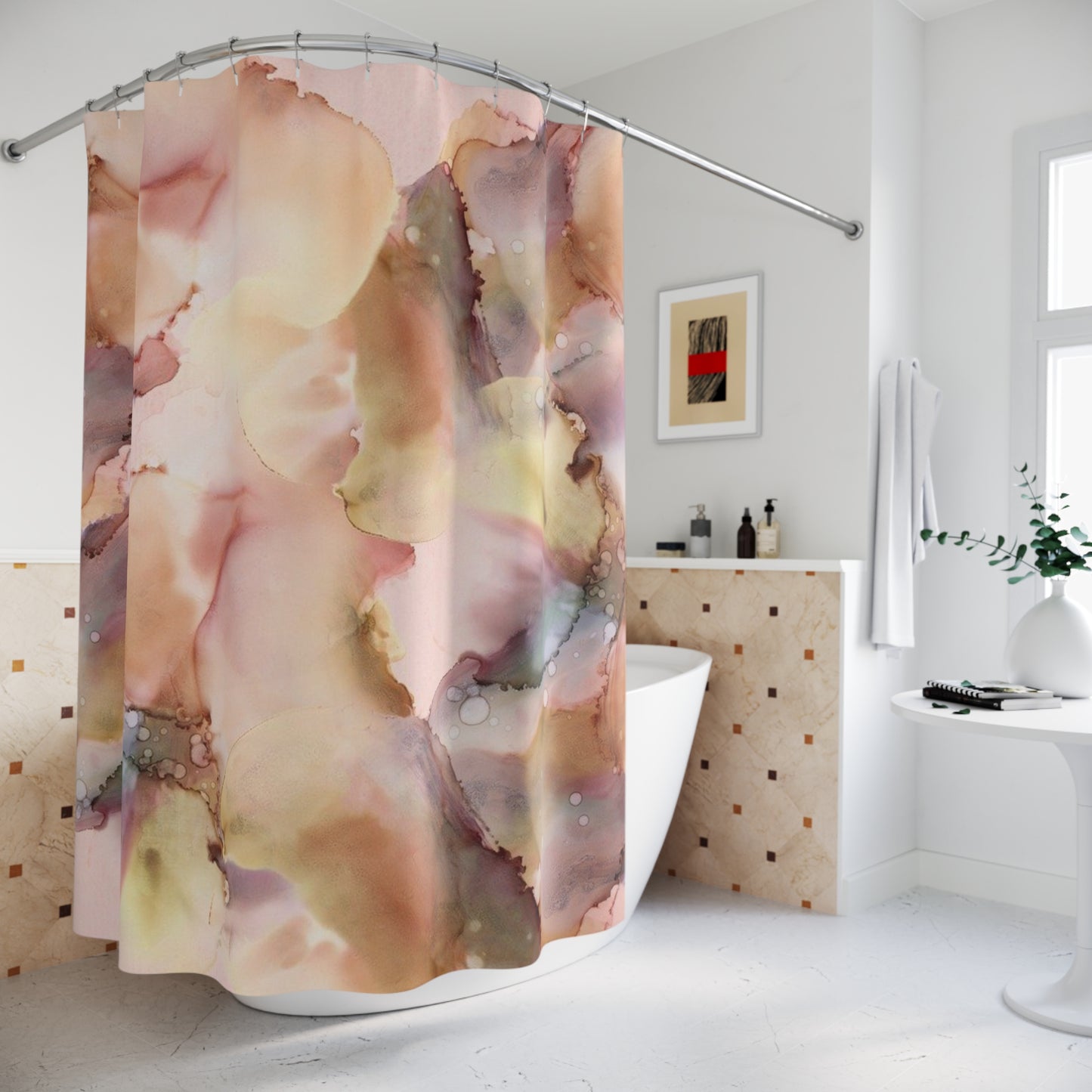 Abstract Watercolor Shower Curtain — Blush, Mauve & Gold Bathroom Decor
