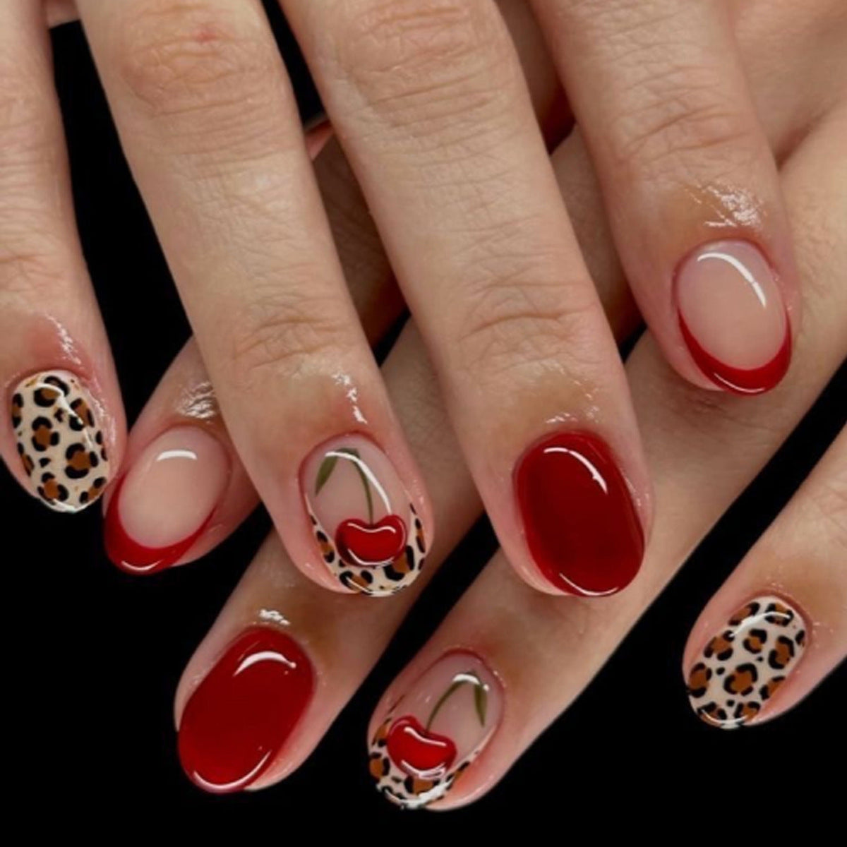 Red Cherry and Leopard Accent Glossy Press-On Nails