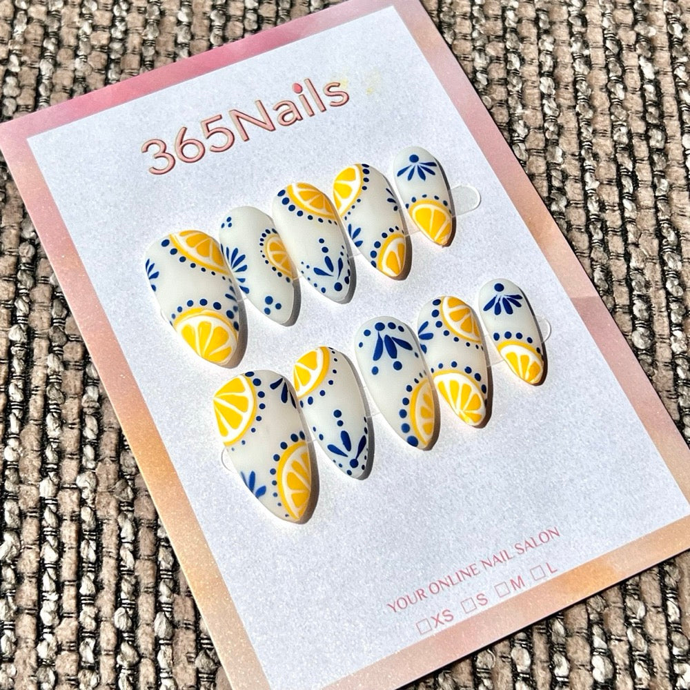 365nails: "Mediterranean Lemon" – Handmade Medium Almond Press On Nails – Image 2