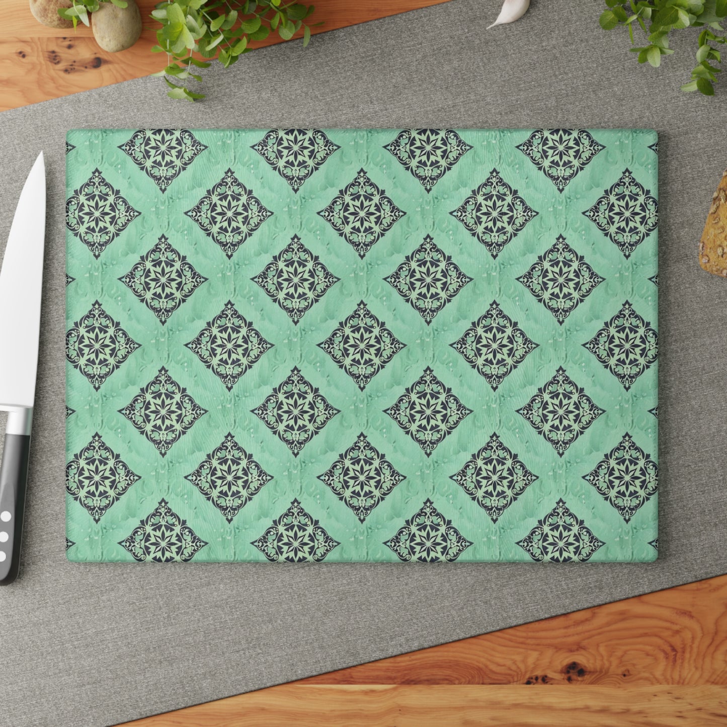 Mint Damask Glass Cutting Board — Decorative Kitchen Chopping Board