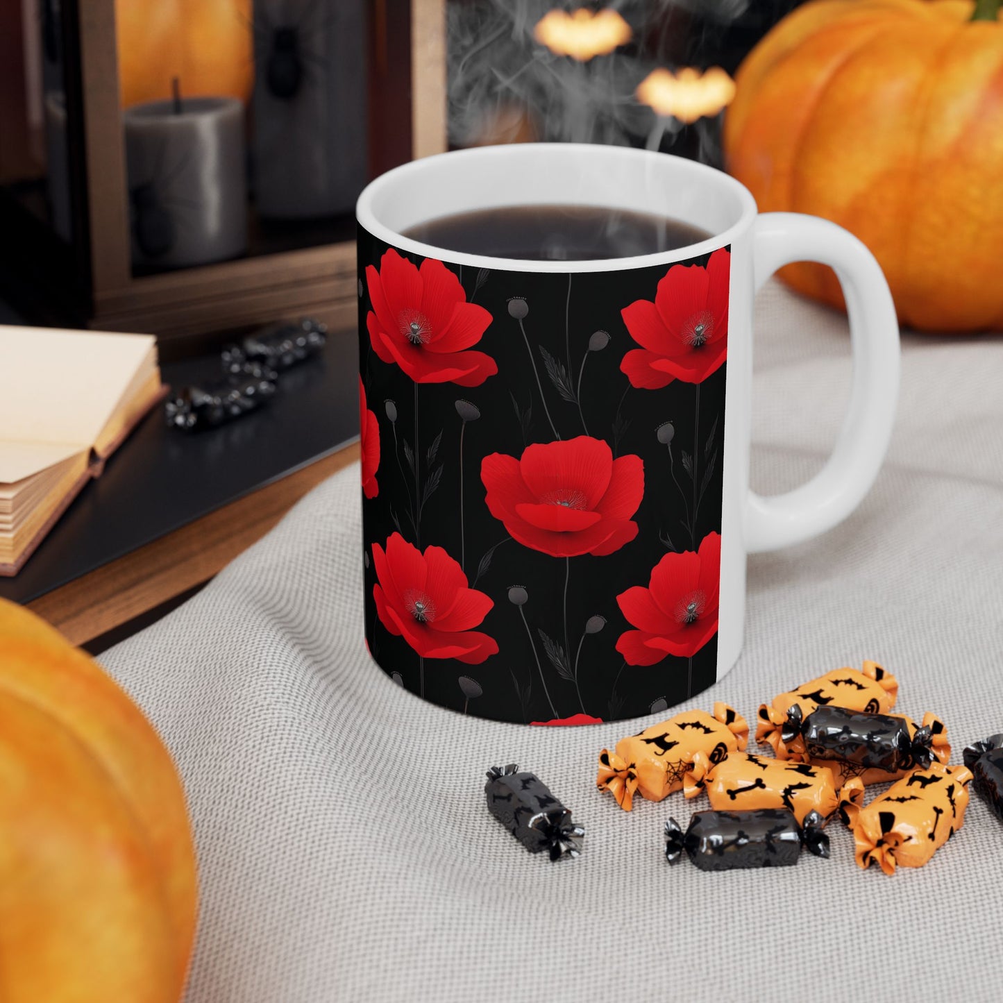 Red Poppy Floral Mug — Black Background Ceramic Coffee Cup (11oz, 15oz)