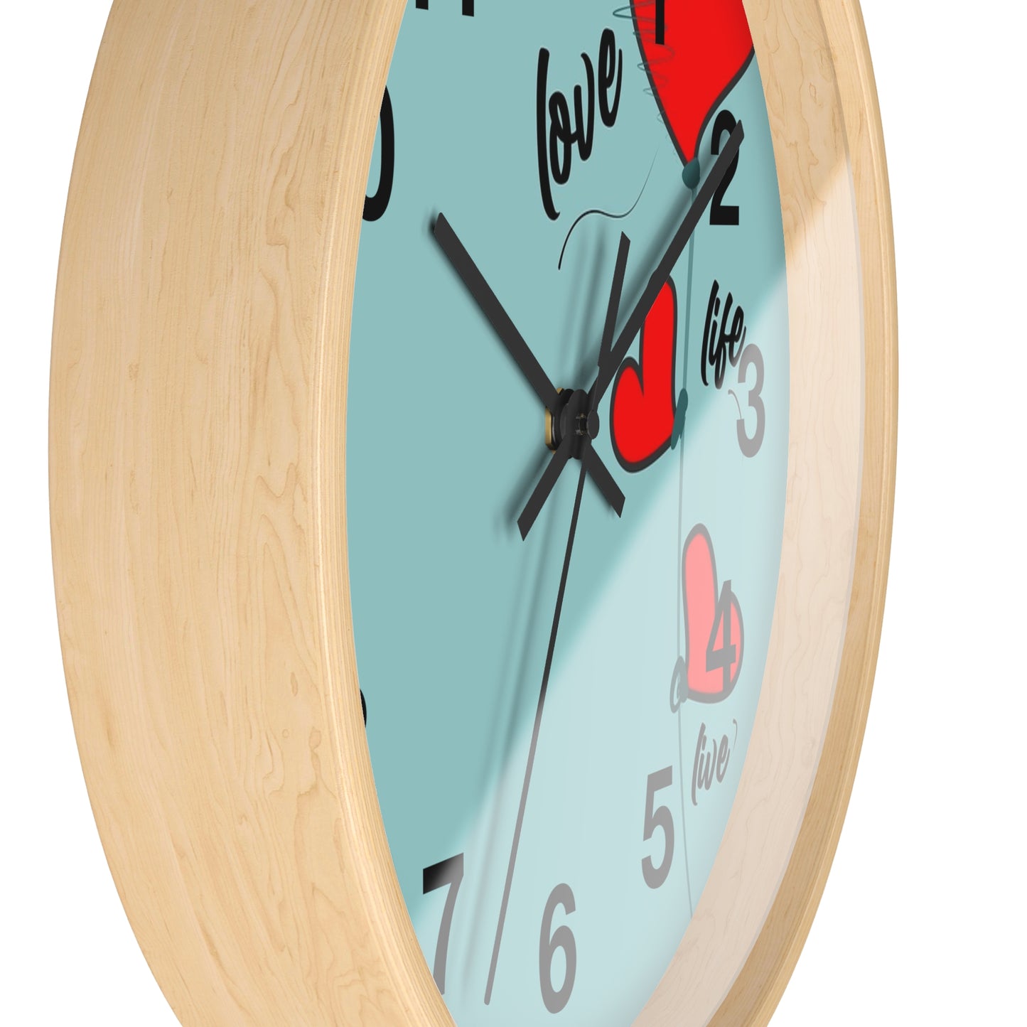Love Hearts Wall Clock — Retro Teal Clock with Red Hearts & 'Love' Typography