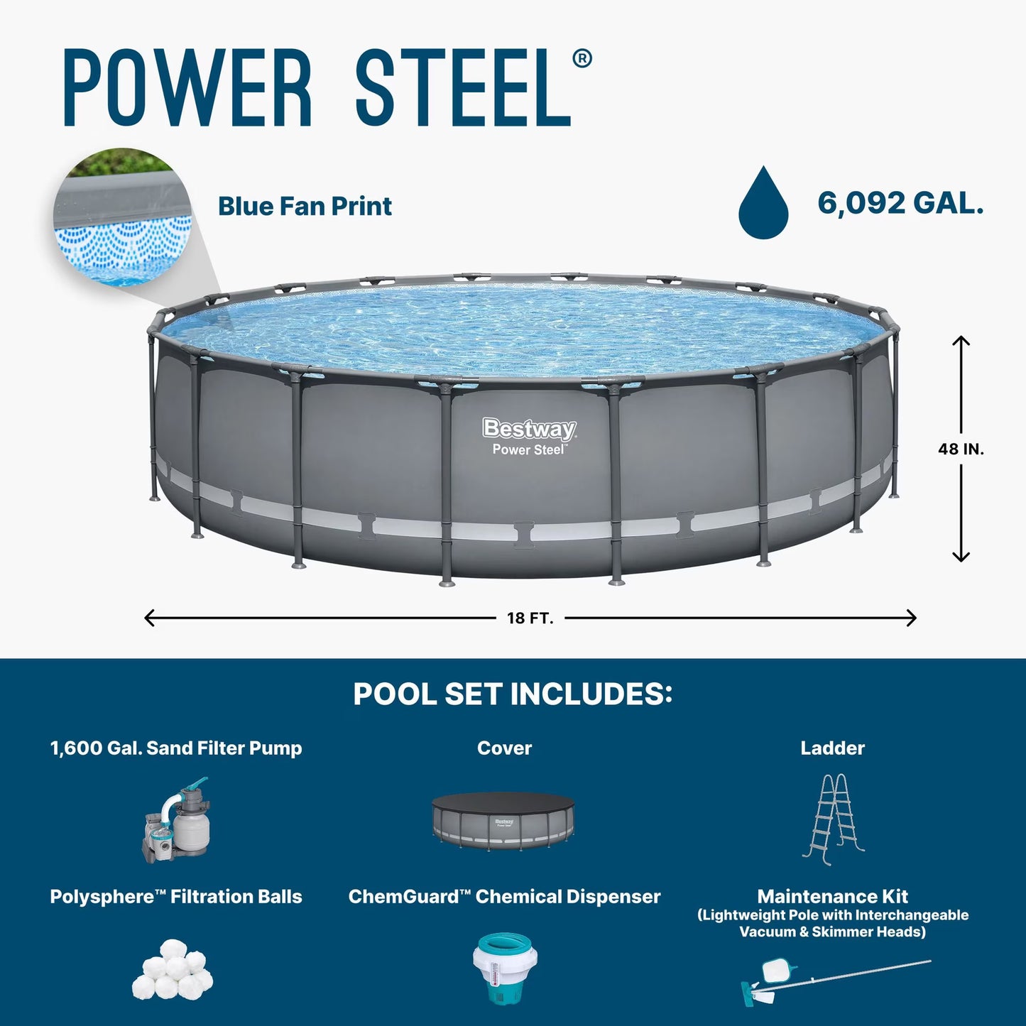 Power Steel 18’ x 48” Round Above Ground Pool Set