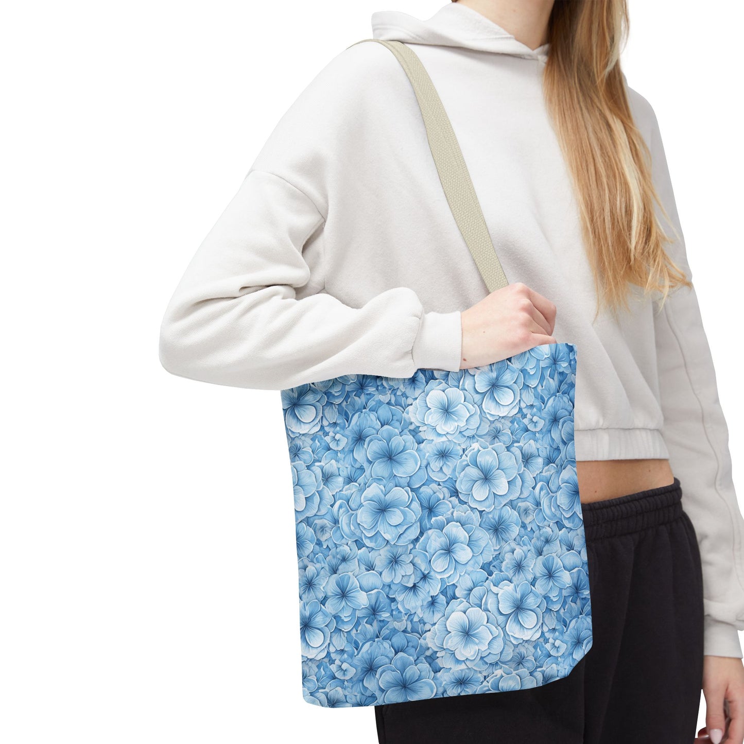 Blue Watercolor Floral Tote Bag — Reusable Flower Pattern Shopper