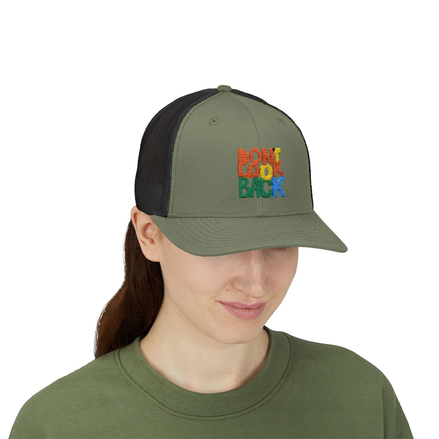 Don’t Look Back Snapback Trucker Cap — Retro Rainbow Embroidered Hat