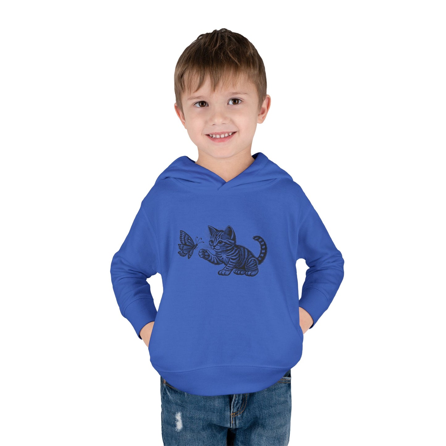 Cute Cat and Butterfly Toddler Hoodie, Toddler Pullover, Kids Fleece Hoodie, Animal Lover Gift, Playtime Pullover