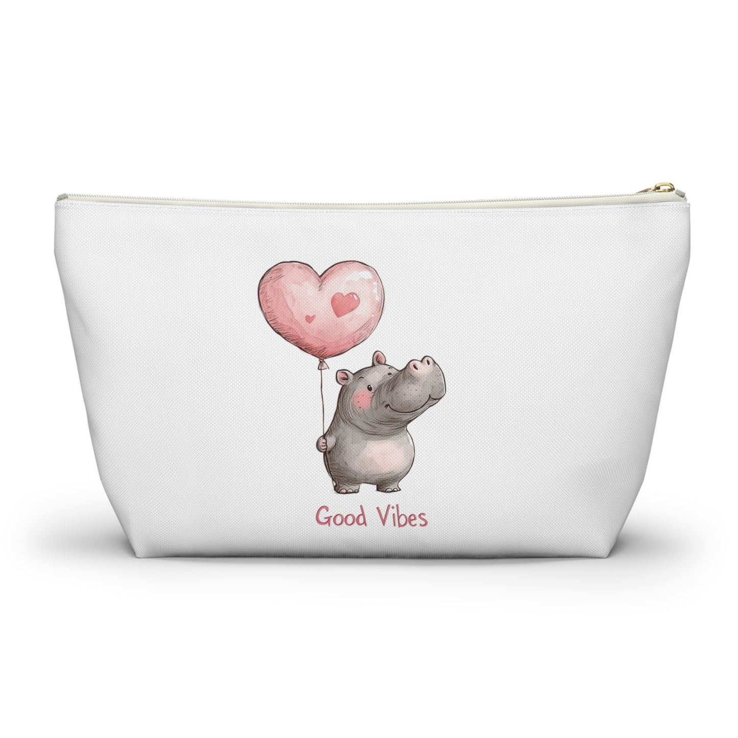 Good Vibes Hippo Accessory Pouch, Cute Makeup Bag, Gift for Animal Lovers, Fun Travel Organizer, Heart Balloon Design