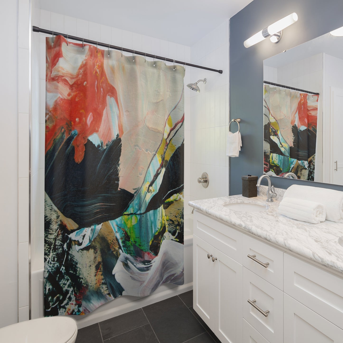 Abstract Color Splash Shower Curtain — Bold Contemporary Bathroom Art