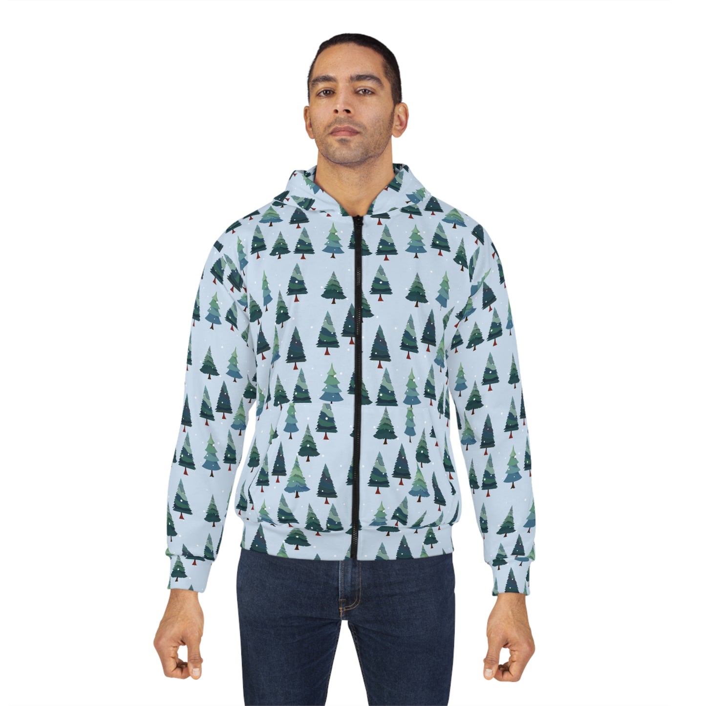 Cozy Forest Hoodie, Unisex Zip Hoodie, AOP Tree Design, Winter Fashion, Christmas Gift, Outdoor Adventure Wear