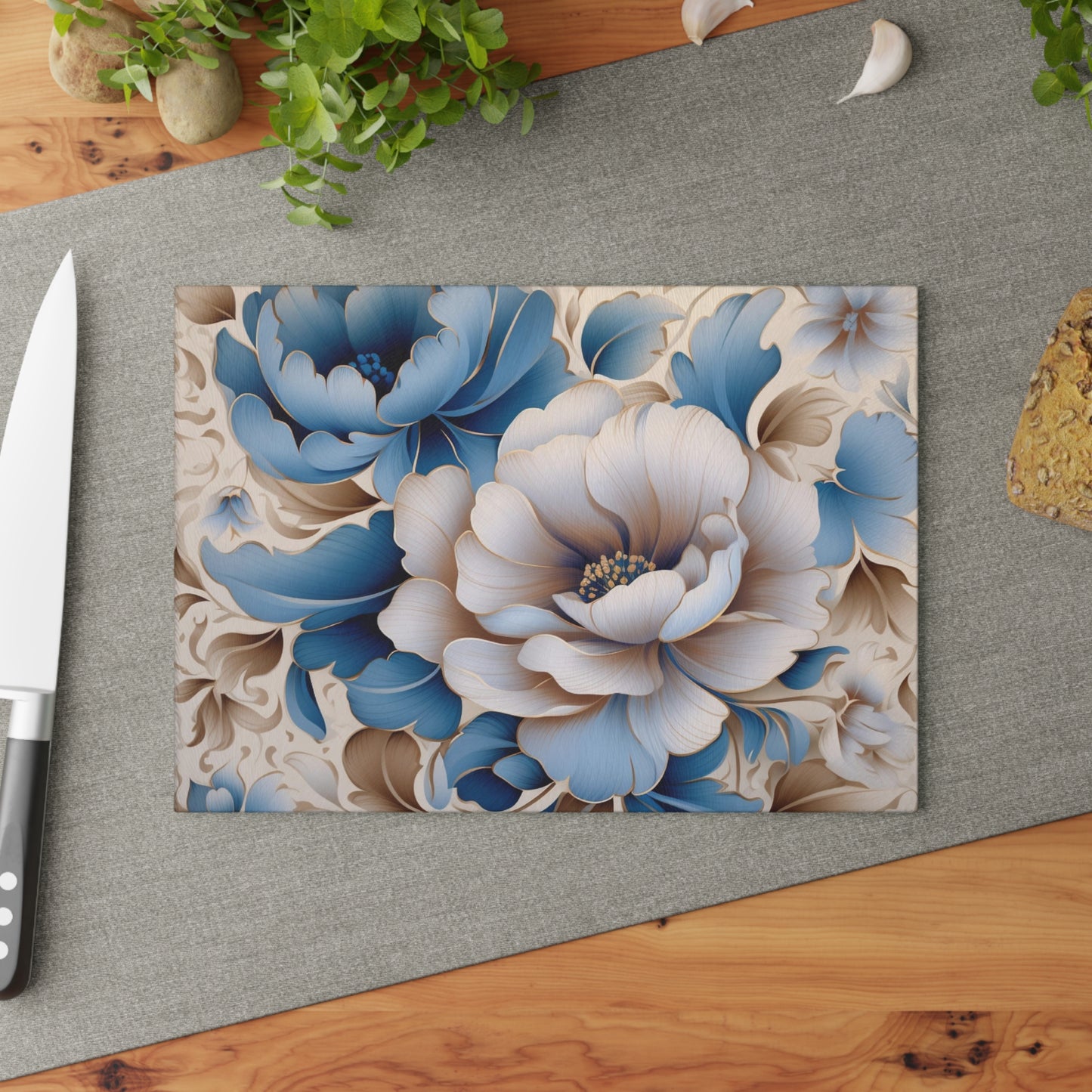 Floral Glass Cutting Board with Elegant Blue Flowers, Kitchen Decor, Wedding Gift, Housewarming Gift, Cooking Accessory