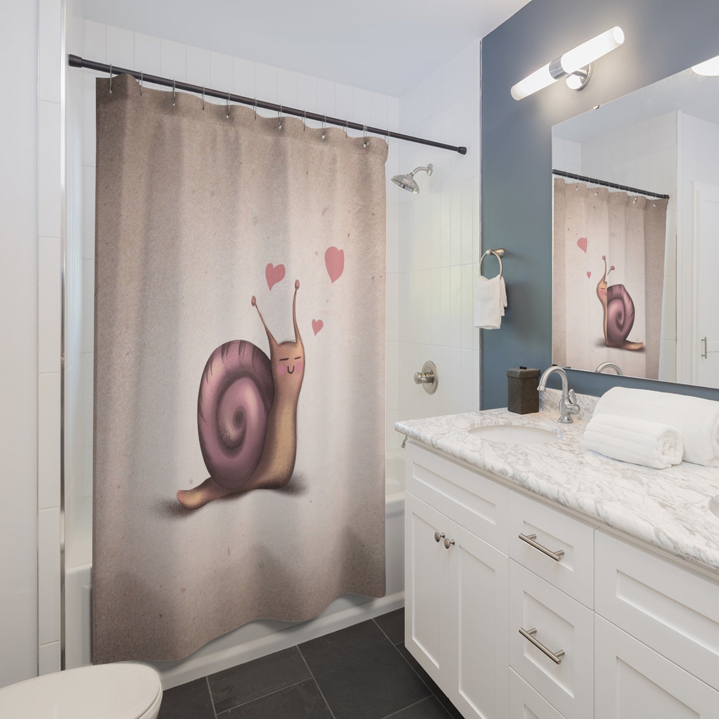 Cute Snail Shower Curtain — Romantic Hearts Bathroom Decor