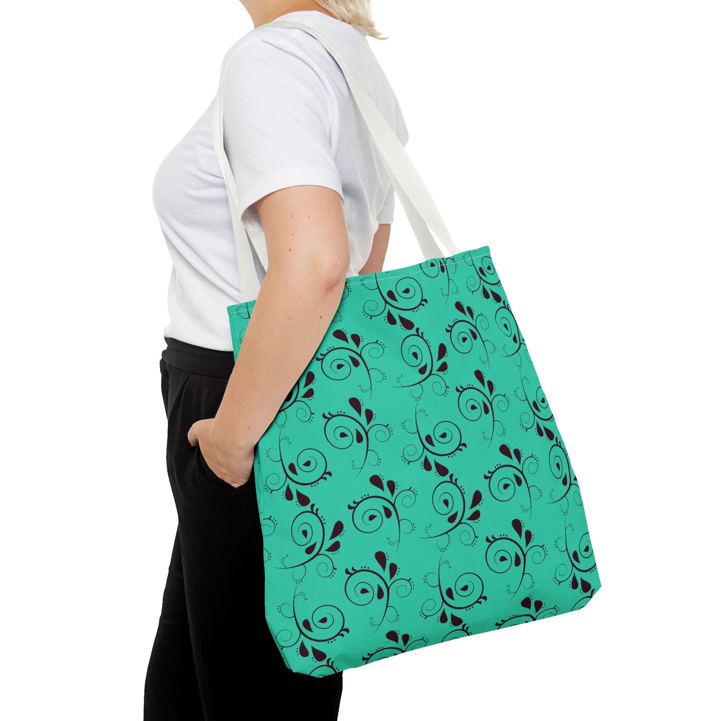 Turquoise Floral Swirl Tote Bag – All-Over Print Stylish Shopping Bag