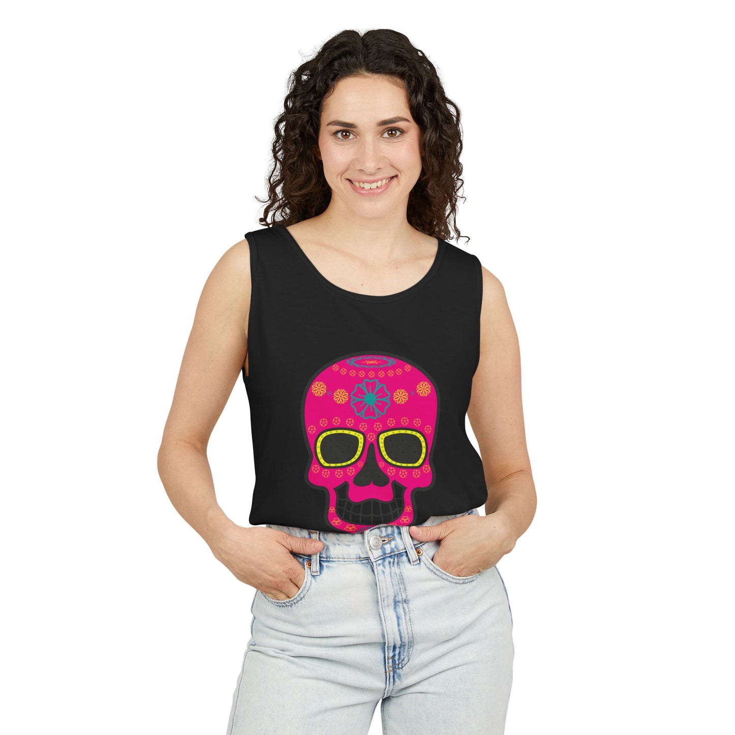 Colorful Dia de los Muertos Skull Tank Top, Unisex Summer Tee, Festival Wear